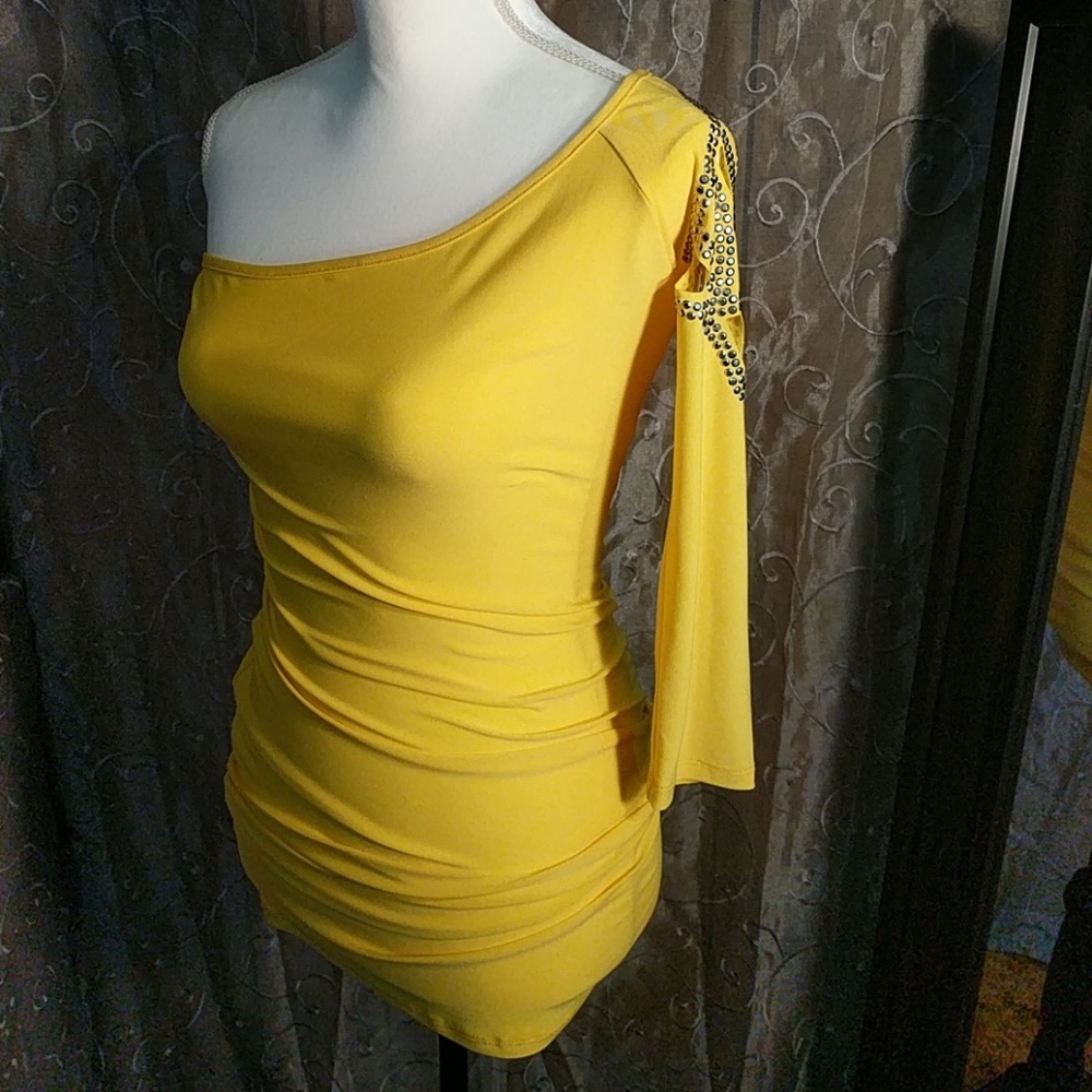 Mini Yellow Bunched One Sleeve Dress- S